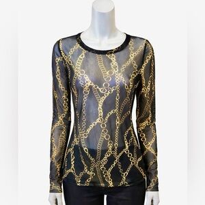 Karen Kane Sheer Top Size Large
Black & Gold Chain Print with Round Neckline